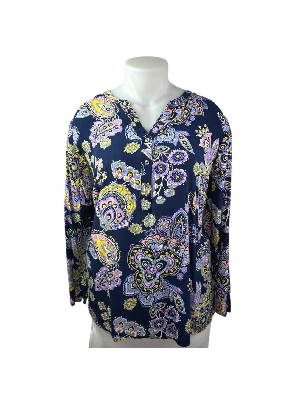 Talbots Women's Blue Paisley Print Button Long Sleeve Tunic Blouse Top Size 2X